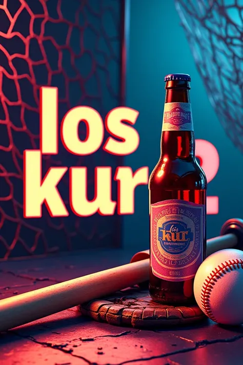  Text for baseball equipment with bold and colorful colors, with the word Los Kur2 and a bottle of beer 