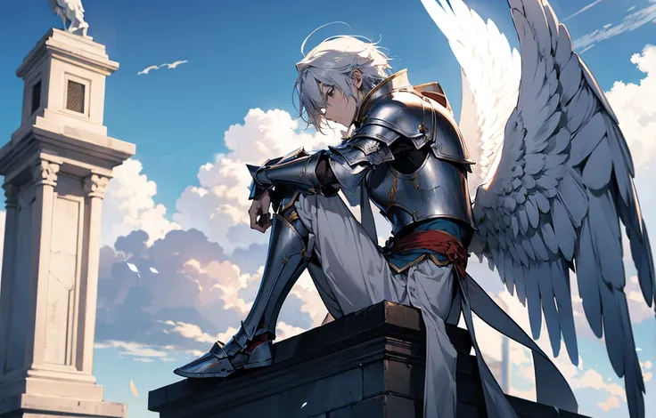 anime character with White Wings and heaven armor, sitting on the Statue of him, flat face, From Side, Panorama, 