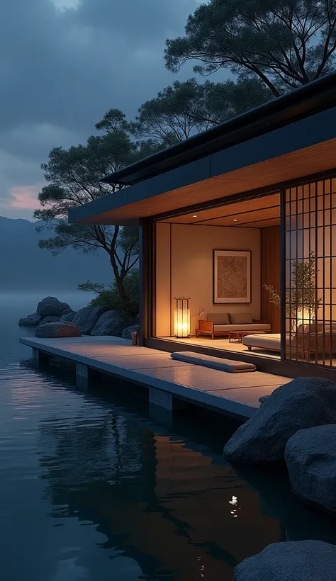 make the interior of a modern and rich typical japanese room at night, boarding a lac, realist, without anybody, rich japanese home