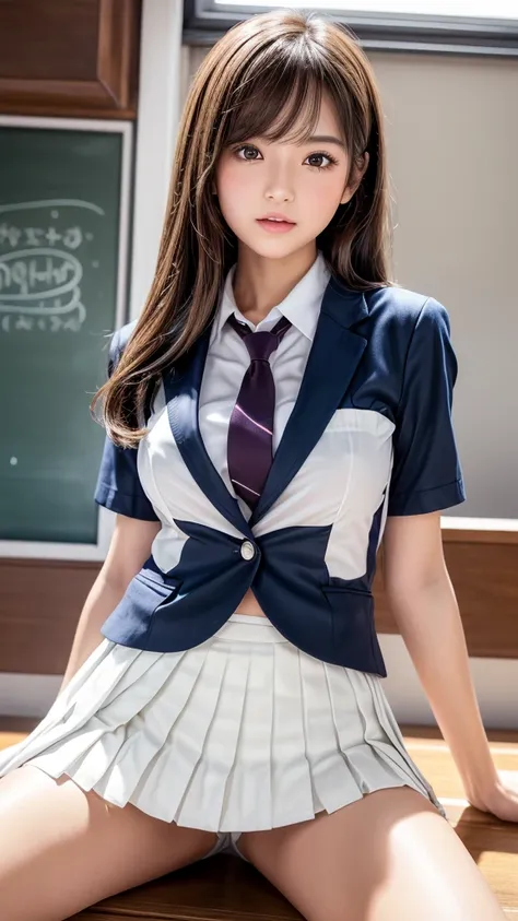 Product quality,1 girl,(8 head and body),(Shooting from below:1.4),(Thigh Emphasis:1.4),Young and pretty girl in Japan,Daytime, (High school classroom:1.2),(Short sleeve shirt:1.3),(Schoolgirl uniform:1.3),(blazer:1.3), (White ultra short pleated mini skir...