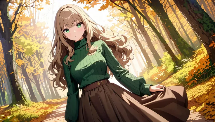 Extremely detailed CG, ultra high resolution, best quality, masterpiece, single woman, light green eyes, (beautiful detailed eyes: 1.4), light brown hair, medium wavy hair, green turtleneck sweater, brown skirt, dark stockings, walking through a forest, au...