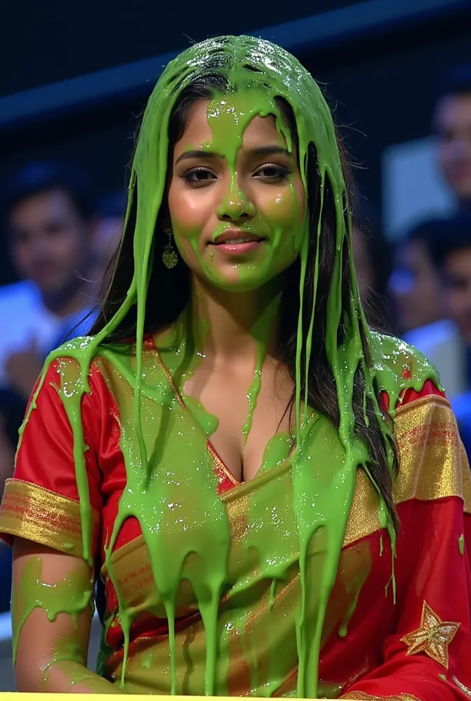 portrait photograph of indian woman covered in green slime. hyper-realistic style. 8k. photorealistic. glistening slime. green s...