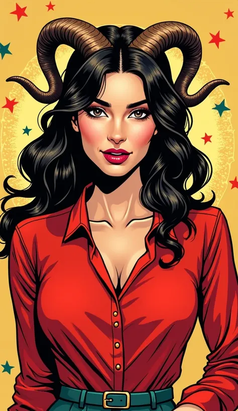 DISCREET image. with discreet clothes. image adult, american woman. She is celebrating the new year in a red blouse. comic book style. with a discreet smile. collecting money. IMAGES WITH VIBRANT COLORS. She is an Aries, with a rams horn on her head. FOCUS...