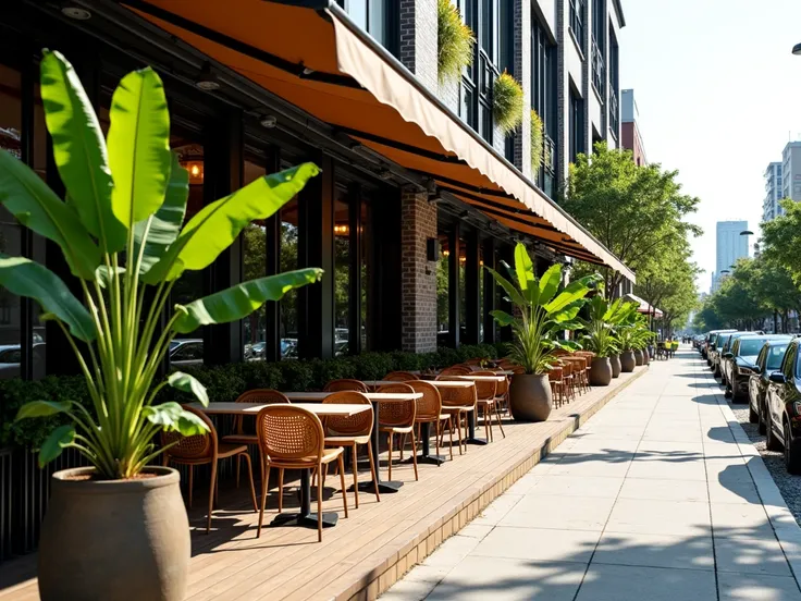 A scene of a modern restaurant with an outdoor space arranged on a wooden platform next to the sidewalk and driveway.  The tables and chairs are arranged in rows ,  protected by metal structures with awnings that filter light ,  creating a cozy atmosphere ...