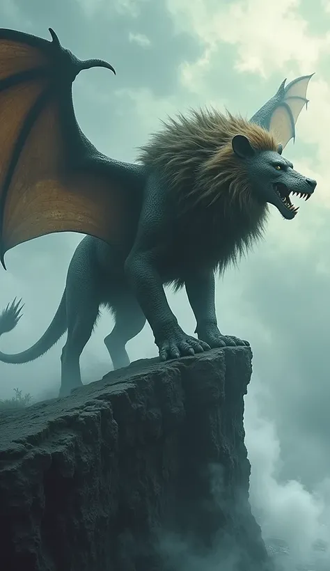 Fusion of a lion with bat and a crocodiles mouth on four legs on a furious and wild cliff