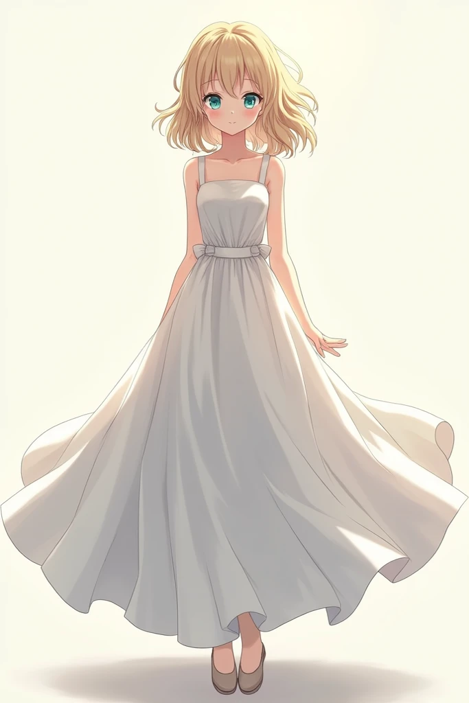  Anime girl with blond wavy hair, with blue eyes, in a floor-length dress and shoes 