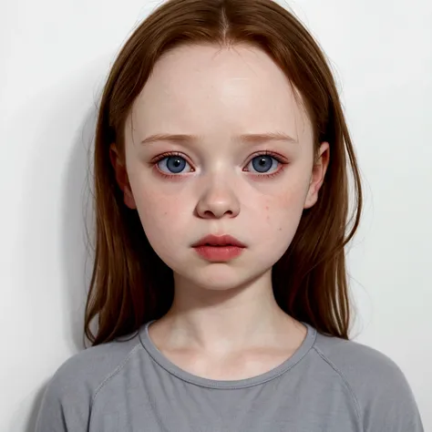 head shot wide angle solid light color background of a young Thora Birch standing in front of a blank white wall with her eyes open a hopeless expression on her face			
