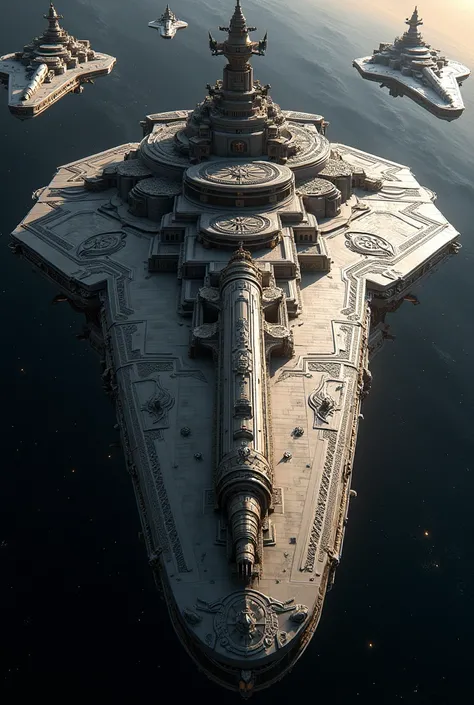 a VERY VERY HUGE GIGANTIC spaceship surrounded by other large ships which has a GIGANTIC gun in the style of the Roman Empire