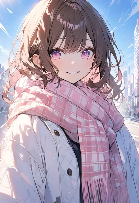  handsome, Alone, 1 female,  medium hair, Brown Hair,  pink highlight on the tip, Light pink eyes,Checked scarf,blue sky,morning,smile, Long Sleeve ,City,White clothes