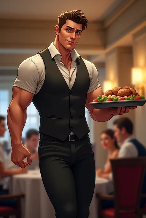  An embarrassed young and strong waiter holding a tray with both hands . He wears a short, tight uniform in such a way that it highlights his muscles 