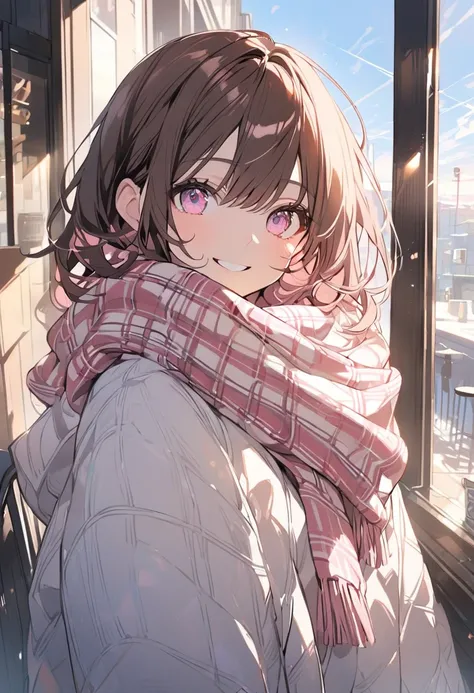  handsome, Alone, 1 female,  medium hair, Brown Hair,  pink highlight on the tip, Light pink eyes,Checked scarf,blue sky,morning,smile, Long Sleeve ,White knit,Cafe