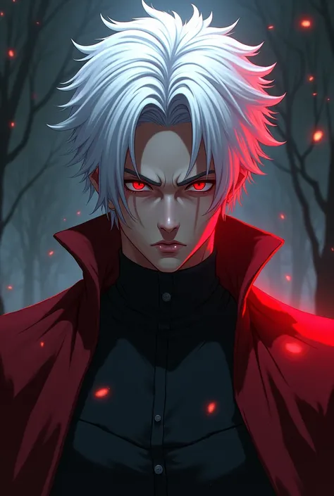 Create anime character serious man with white hair and red eyes gradient hair image from head to toe 