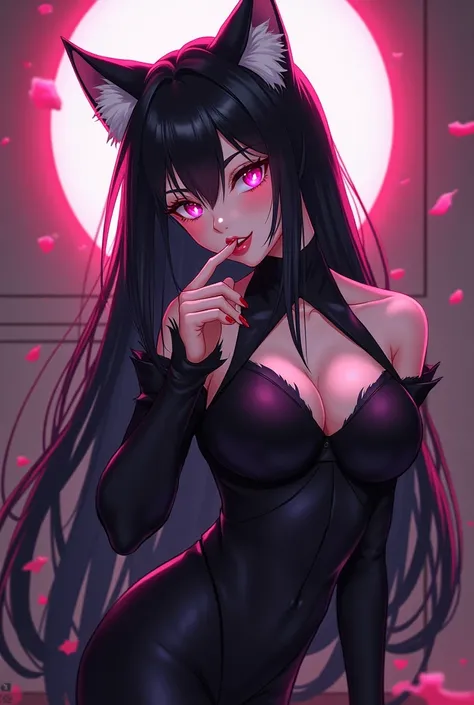 Werewolf girl with long black hair resolution high quality anime 4k with white and long hair pink eyes blushed face white skin a finger on the tongue and seeing the spectator big breasts in a suit that covers almost her entire body color black without shou...