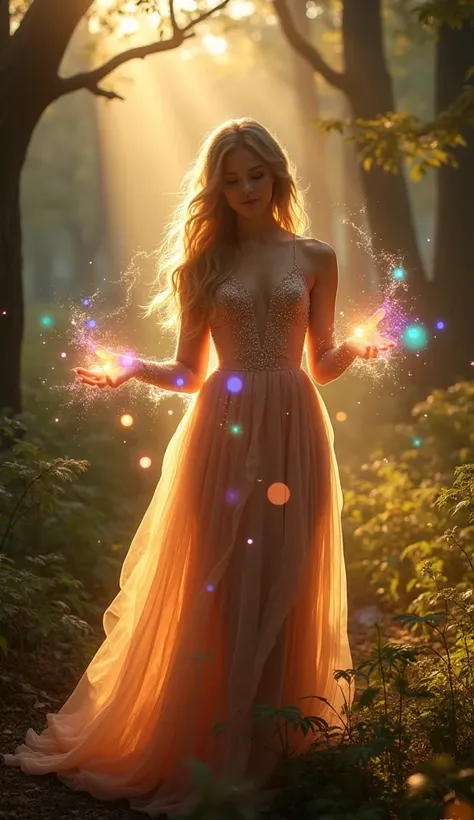 A stunningly beautiful model, dressed in a flowing, elegant gown with ethereal sparkles, performing captivating magic in a mystical forest setting. Her hands glow with soft light as she conjures colorful orbs, levitates objects, and creates shimmering ligh...