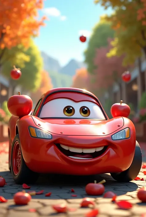 Happy animated luxury car with apples on the side