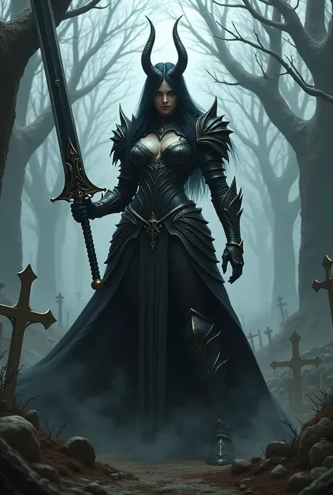 Armed with a two-handed sword 、 An evil Dark Goddess with big breasts and a broad torso in black armor， in a full-length fighting stance, stands in the dead forest among the graves 