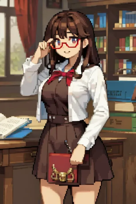 a woman with brown hair and red-colored glasses, wearing librarian clothes in a library