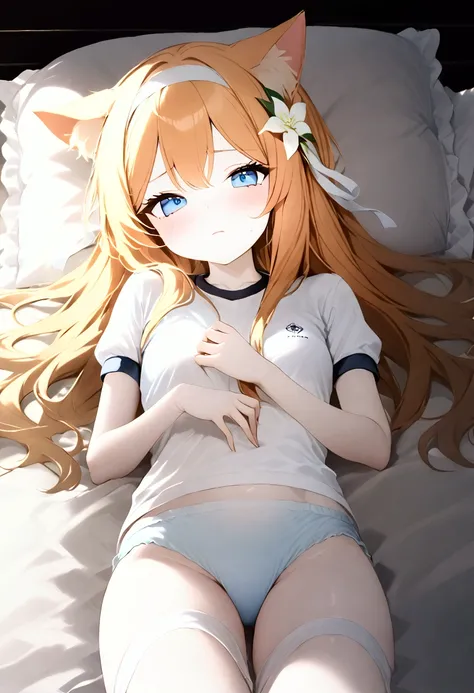 High image quality 、masterpiece、  High Quality   、Full HD、4K 、 view from below、Marie Iraki(blue archive)、 bright orange hair 、Cat ears、White flower hair ornament、 white headband 、 blue eyes、 slim、 flat chested、 Shy 、blush、 red cheeks 、Watery eyes、Gym cloth...