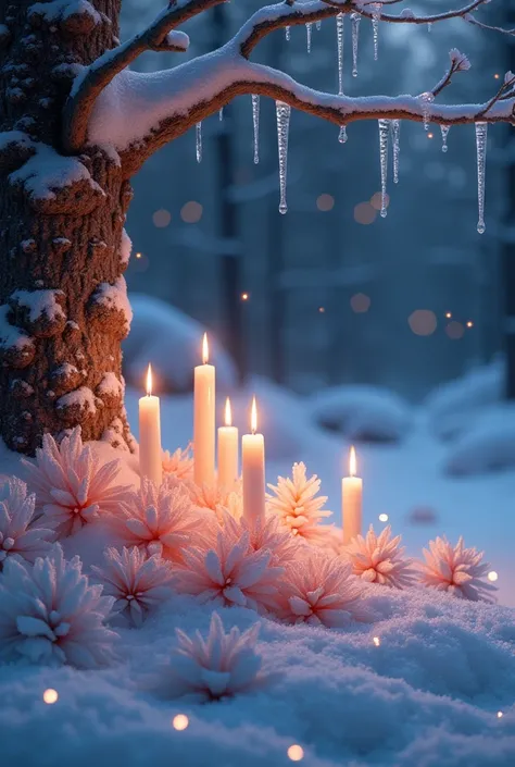 snow、winter、 crystals、 candles、 lots of flowers 、 Night Scene、 bling、beautiful