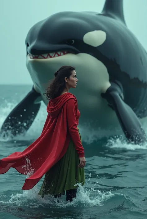 A woman in a red and green dress with a red hoodie fighting an orca