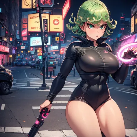 Masterpiece, best quality, ultra detailed, illustration, lighting epic, cinematic composition, 1 girl, Tatsumaki, short hair, green hair, big breasts, green eyes, bright eyes, pouting, blushing, closed mouth, piercing gaze, full body, black collar, tall, c...