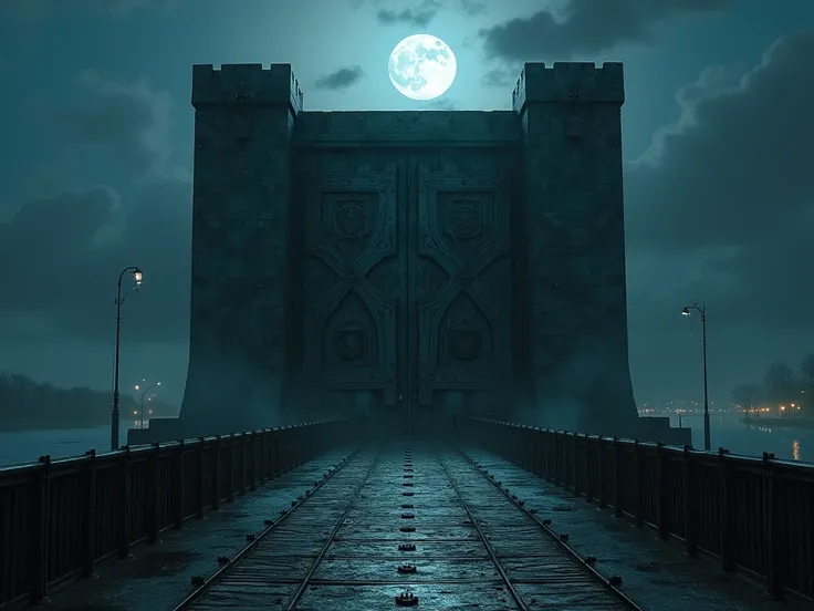 The Huge iron door on the bridge at night