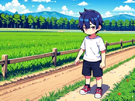 cute shota boy, colorful hair, detailed body, plain clothes, farm background