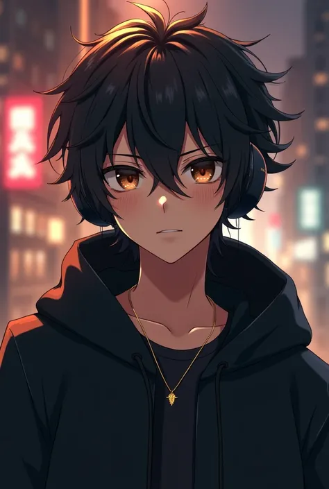 Tall boy with black hair brown eyes and hoodie with black with white resolution high quality anime 4k watching the viewer wearing black headphones with a small gold necklace on his neck 