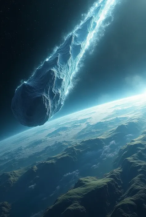 An icy comet ,  bringing microorganisms to a blue and green planet with realistic, cinematic air. 
