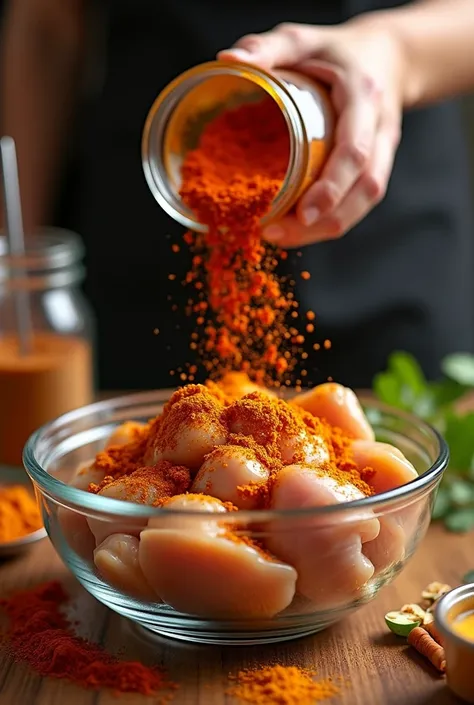 "Create a realistic close-up scene of a glass bowl filled with raw chicken pieces, topped with vibrant red chili powder, yellow turmeric, and other spices being sprinkled from a jar. The setting should have a warm, inviting kitchen vibe, capturing the mome...