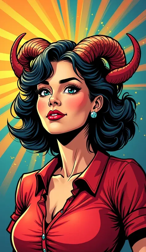 DISCREET image. with discreet clothes. image adult, american woman. She is celebrating the new year in a red blouse. comic book style. with a discreet smile. collecting money. IMAGES WITH VIBRANT COLORS. She is an Aries, with a rams horn on her head. FOCUS...