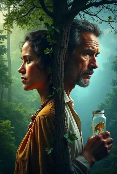  I want a movie poster , the title of the movie is  "Between Eras ".
 The visual content is basically the photo of an indigenous couple on one side of the poster that is separated by a tree, on that side where they are it has to be a green and living fores...