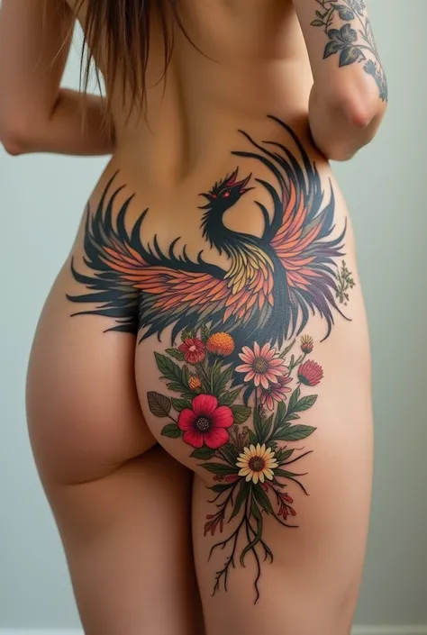 Phoenix tattoo with wild flowers on a naked womans vagina