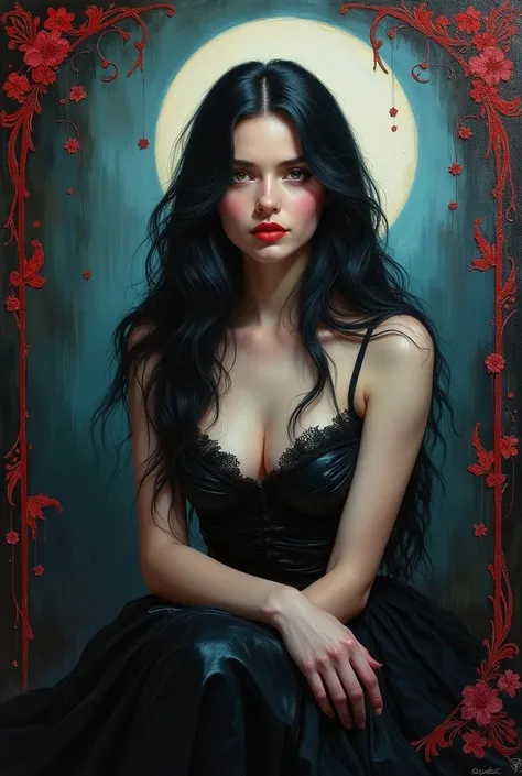 A hauntingly beautiful portrait of a Luxuary woman, rendered in vivid oil paint strokes, reminiscent of ZloyOrks striking style. Ruby red abstract patterns. The subjects ethereal gaze captivates, as her porcelain skin glows with an otherworldly aura. Frame...