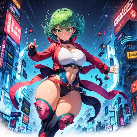 Masterpiece, best quality, ultra detailed, illustration, lighting epic, cinematic composition, 1 girl, Tatsumaki, short hair, green hair, big breasts, green eyes, bright eyes, blushing, closed mouth, piercing gaze, full body, black collar, tall, curvy body...