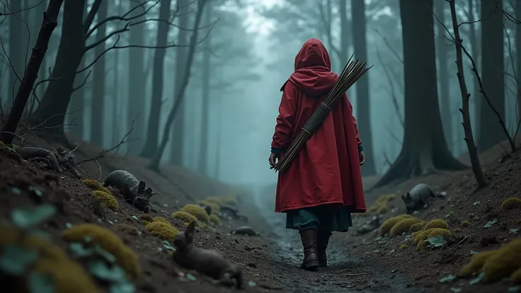 Little Red Riding Hood, now a young woman in a scarlet cloak and worn boots, walked through the forest with The bow hung across his back carrying firewood, looking at the forest with trees cut and burned burned trees and dead animals, talking the (the man ...