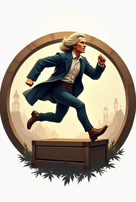  Create a logo with the scientist Isaac Newton running on top of a wooden box and place this image in a circle 
