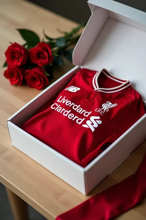 Create the image of an open white box and inside a red LIVERPOOL number 5 t-shirt written  "LEVECK",  on an elegant wooden table next to a bouquet of red roses wrapped in elegant satin