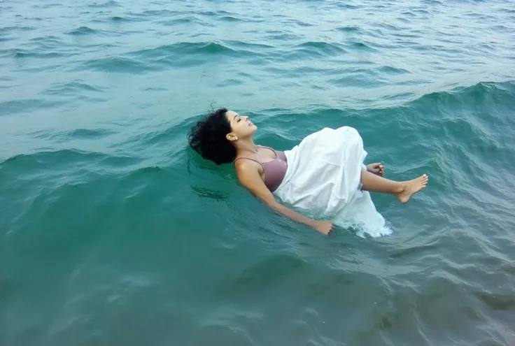 A woman falling into the ocean and submerging 
