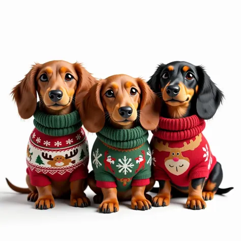 Three Dachshunds xxl in Christmas sweaters and Christmas scarf, transparent background