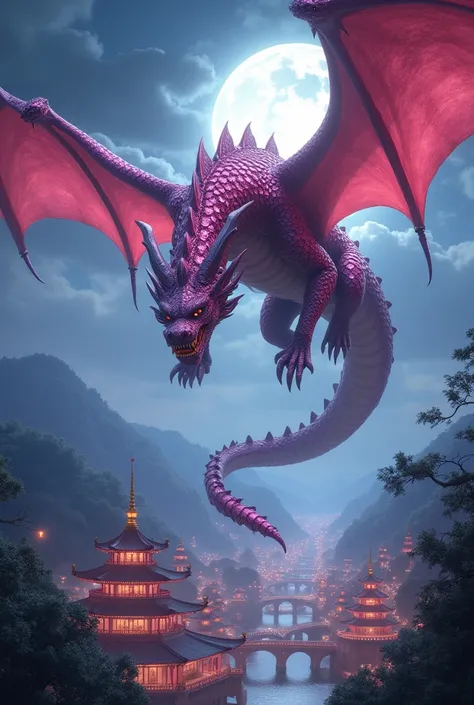 In the dark, a dragon, whose whole body is covered with large, dark pink diamonds, fish the beautiful city of Yeouiju