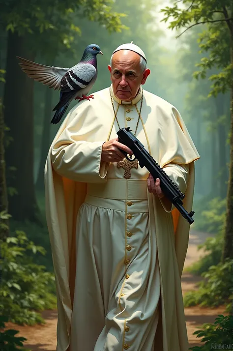 Pope Francis, who holds a gun in his hand and in his shoulder, has a pigeon leaning while they go in the woods.