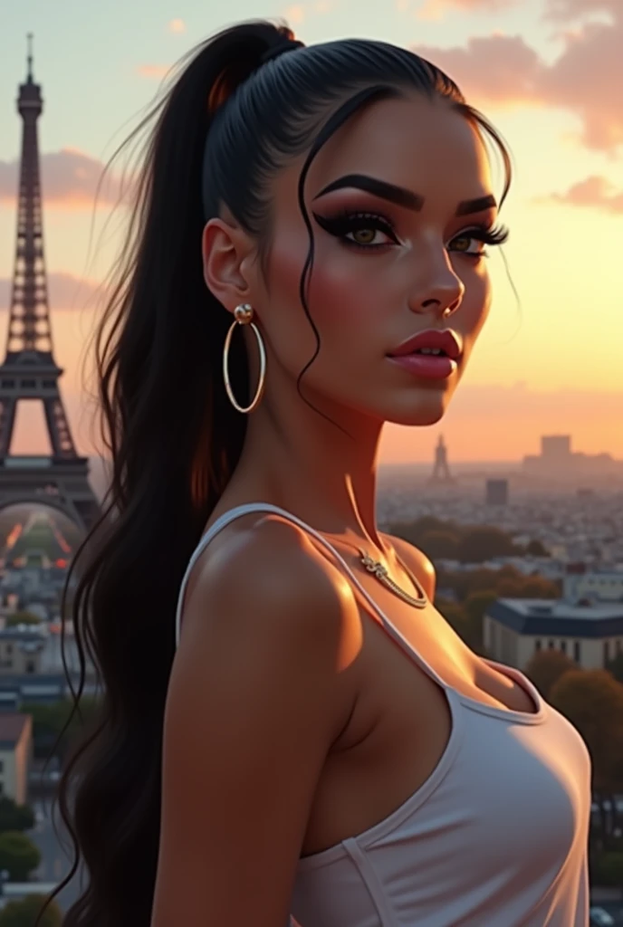 Create a full-body representation of a woman with the following characteristics:  pine morena clara,  long black hair tied in a high ponytail ,  well-defined eyebrows, striking black eyeliner ,  voluminous lips with lip gloss and a piercing on the septum ....