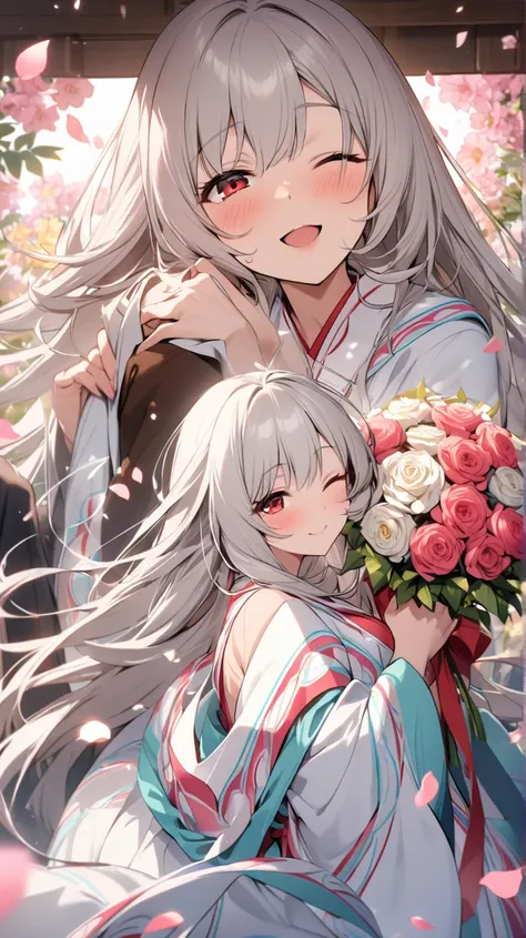 ( best quality, ),  beautiful woman (Red Eyes ), elements、heart、 Silver Hair,Shrine maiden， well-groomed face from a sense of distance、smile、 cute expression (目がheart、 close one eye、)、 winks、 red eyes、bouquet、綺麗なbouquet、 Petals Fluttering in the Wind、sex a...