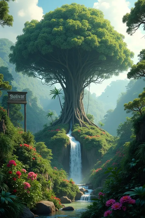  A dense cloud forest full of many animals and flowers.
 A Leafy and very tall tree , stands out in the Center .  From its Roots emanates a stream ...
 The camera makes a cinematic panning through the forest ,  and stops where the stream .
 is born. Next t...