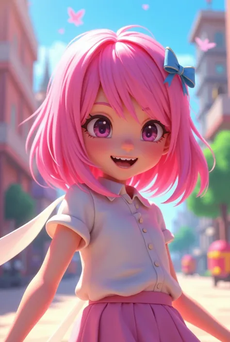  Pink hair white ribbon behind happy roblox game