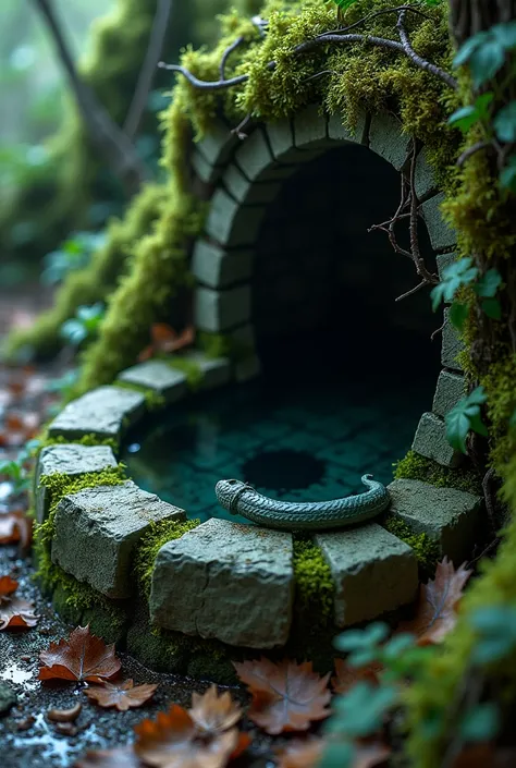 A close-up of the ancient stone well, its cracked surface covered with moss and tangled vines. The water inside shimmers faintly, and the faint shadow of a snake’s tail is visible on the edge. The surrounding ground is damp and littered with fallen leaves,...