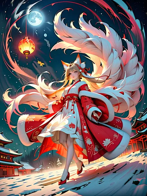 8k,masterpiece,Here, on a snowy Christmas night, a special giant nine-tailed fox that can fly is soaring majestically high into the sky, with a shrine maiden riding on its back. The moon looks large in the background.