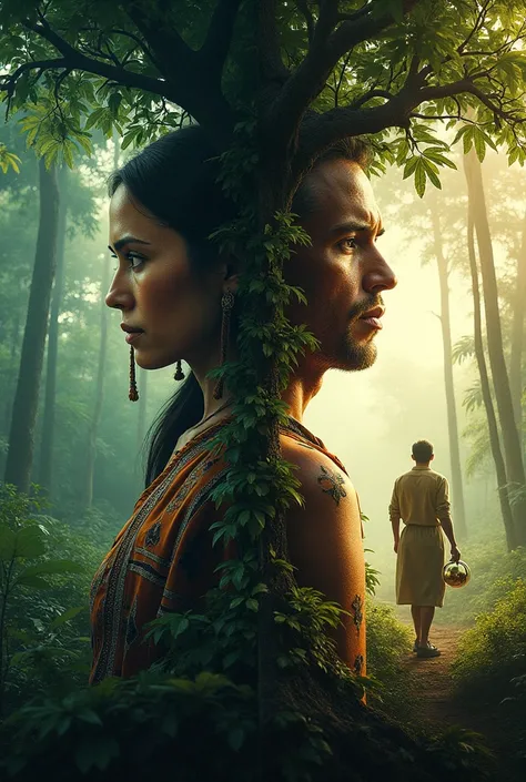  I want a movie poster , the title of the movie is  "Between Eras ".
 The visual content is basically the photo of an indigenous couple on one side of the poster that is separated by a tree, on that side where they are it has to be a green and living fores...