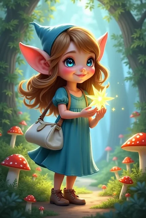 Make me a picture of a gnome girl in a blue dress with a white bag and a star in her hand. She has brown hair and blue eyes